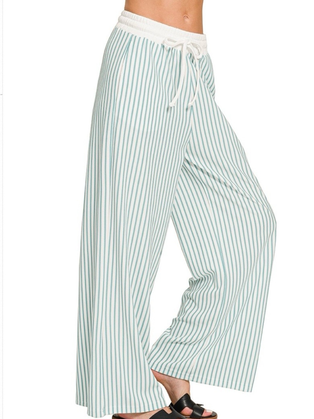 Zenana Outfitters Mint-White Striped Wide-Leg Drawstring Pants